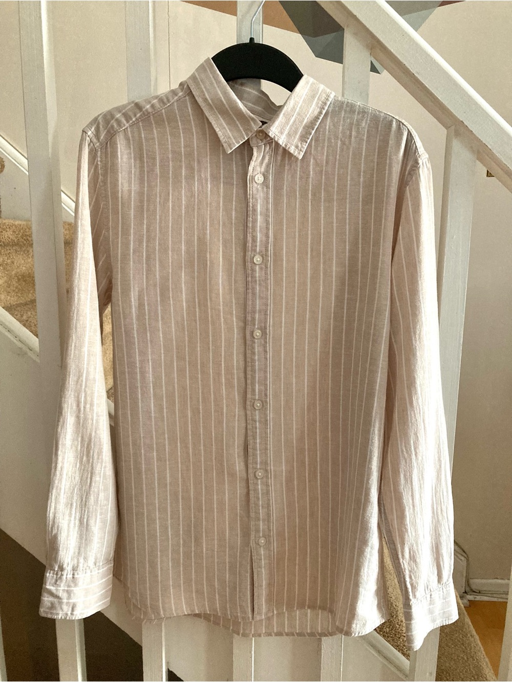 H&M Tan Beige White Stripe Linen Cotton Blend Lightweight Summer Layering Shirt